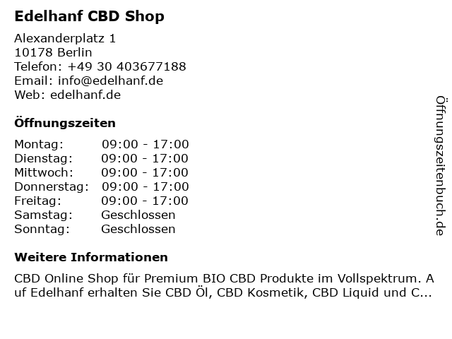 Edelhanf CBD Shop in Berlin: Adresse und Öffnungszeiten