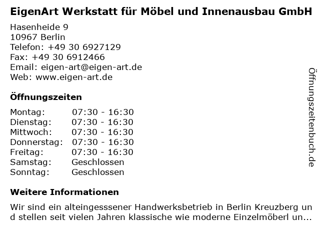 EigenArt Werkstatt für Möbel und Innenausbau GmbH in Berlin: Adresse und Öffnungszeiten