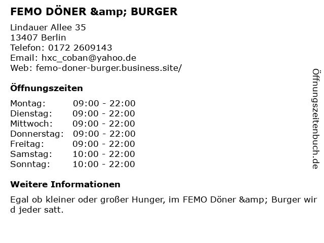 FEMO DÖNER & BURGER in Berlin: Adresse und Öffnungszeiten