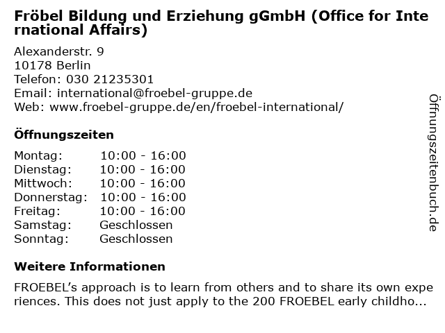 FRÖBEL Bildung und Erziehung gGmbH (Office for International Affairs) in Berlin: Adresse und Öffnungszeiten