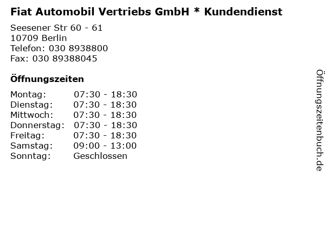 Fiat Automobil Vertriebs GmbH * Kundendienst in Berlin: Adresse und Öffnungszeiten