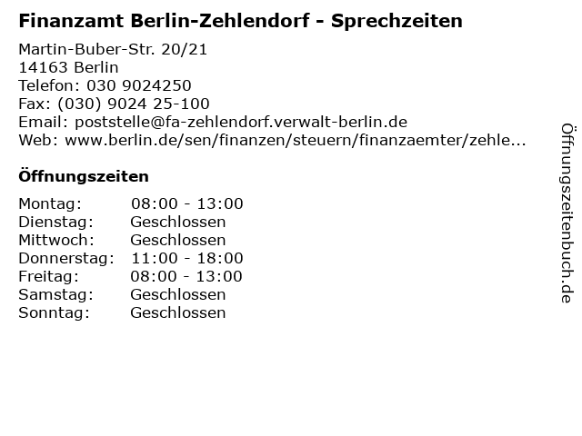 Finanzamt Berlin-Zehlendorf - Sprechzeiten in Berlin: Adresse und Öffnungszeiten