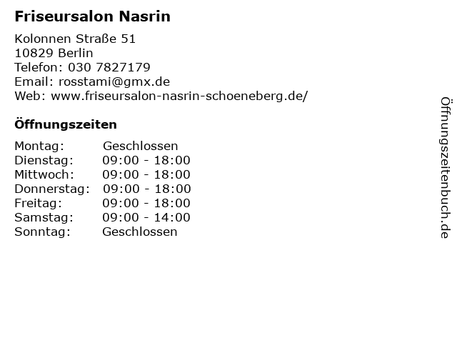 ᐅ Öffnungszeiten „friseur salon nasrin“ | kolonnen straße 51 in berlin