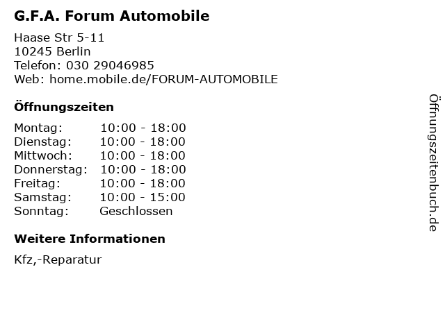G.F.A. Forum Automobile in Berlin: Adresse und Öffnungszeiten