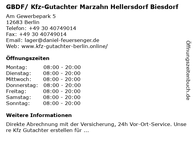 GBDF/ Kfz-Gutachter Marzahn Hellersdorf Biesdorf in Berlin: Adresse und Öffnungszeiten