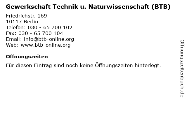 Gewerkschaft Technik u. Naturwissenschaft (BTB) in Berlin: Adresse und Öffnungszeiten