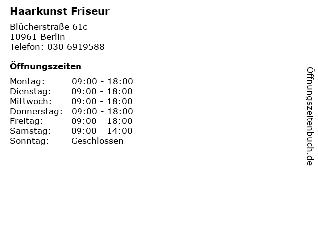 ᐅ Offnungszeiten Haarkunst Friseur Blucherstrasse 61c In Berlin