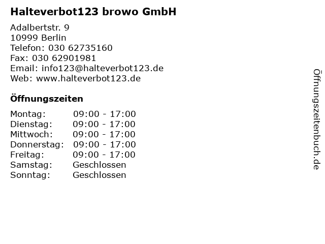 Halteverbot123 browo GmbH in Berlin: Adresse und Öffnungszeiten
