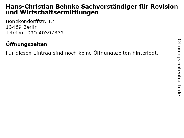 Hans-Christian Behnke Sachverständiger für Revision und Wirtschaftsermittlungen in Berlin: Adresse und Öffnungszeiten