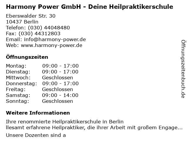Harmony Power GmbH - Deine Heilpraktikerschule in Berlin: Adresse und Öffnungszeiten