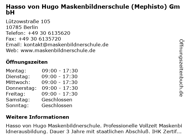 ᐅ Offnungszeiten Hasso Von Hugo Maskenbildnerschule Mephisto Gmbh Lutzowstrasse 105 In Berlin