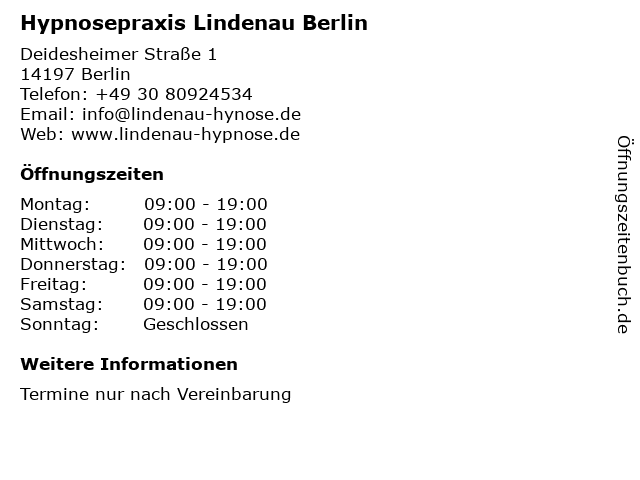 Hypnosepraxis Lindenau Berlin in Berlin: Adresse und Öffnungszeiten