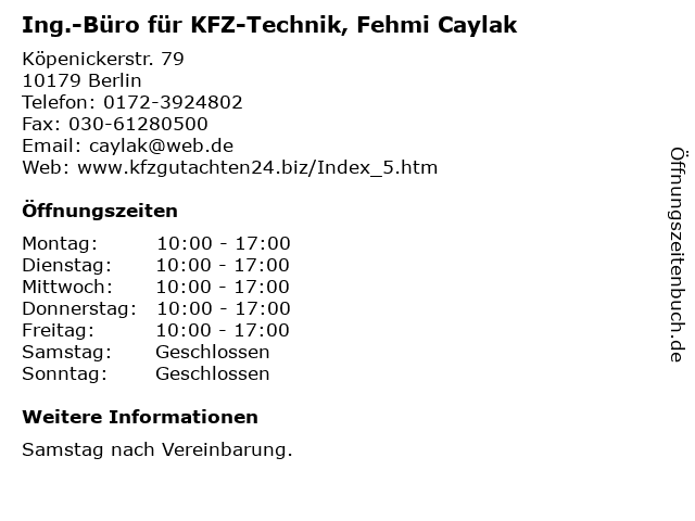 Ing.-Büro für KFZ-Technik, Fehmi Caylak in Berlin: Adresse und Öffnungszeiten