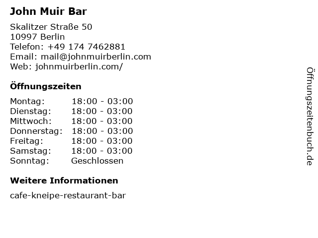 John Muir Bar in Berlin: Adresse und Öffnungszeiten