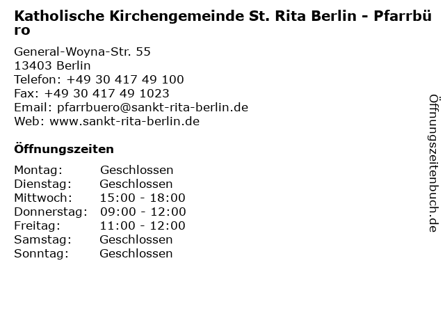 Katholische Kirchengemeinde St. Rita Berlin - Pfarrbüro in Berlin: Adresse und Öffnungszeiten
