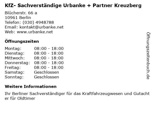 KfZ- Sachverständige Urbanke + Partner Kreuzberg in Berlin: Adresse und Öffnungszeiten
