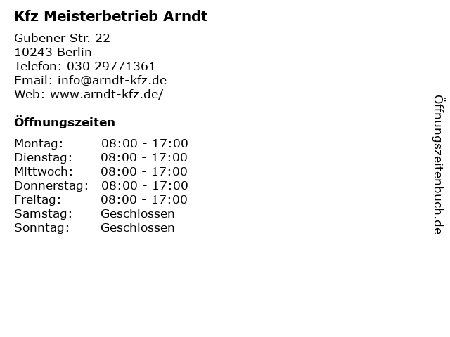 Kfz Meisterbetrieb Arndt in Berlin: Adresse und Öffnungszeiten