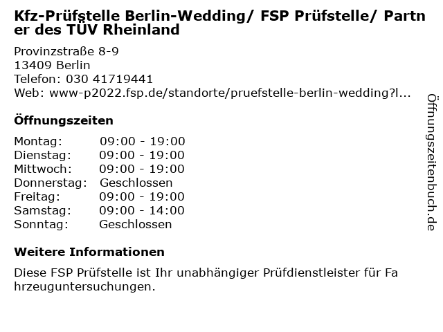 Kfz-Prüfstelle Berlin-Wedding/ FSP Prüfstelle/ Partner des TÜV Rheinland in Berlin: Adresse und Öffnungszeiten