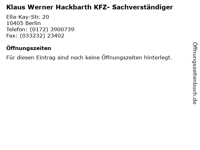 Klaus Werner Hackbarth KFZ- Sachverständiger in Berlin: Adresse und Öffnungszeiten