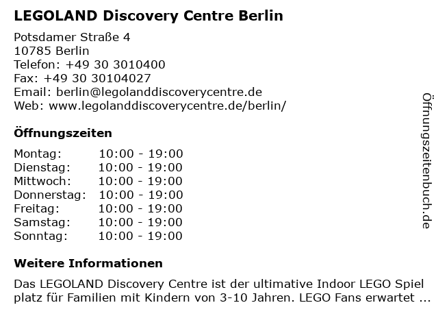ᐅ Offnungszeiten Legoland Discovery Centre Berlin Potsdamer Strasse 4 In Berlin