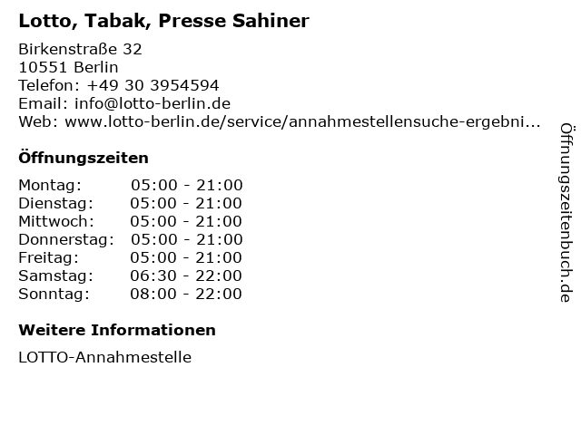 Lotto, Tabak, Presse Sahiner in Berlin: Adresse und Öffnungszeiten