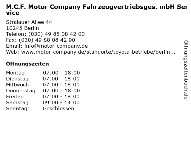M.C.F. Motor Company Fahrzeugvertriebsges. mbH Service in Berlin: Adresse und Öffnungszeiten