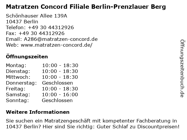 Matratzen Concord Filiale Berlin-Prenzlauer Berg in Berlin: Adresse und Öffnungszeiten