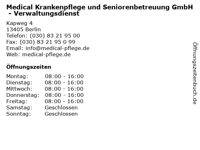 Medical Krankenpflege und Seniorenbetreuung GmbH - Verwaltungsdienst in Berlin: Adresse und Öffnungszeiten
