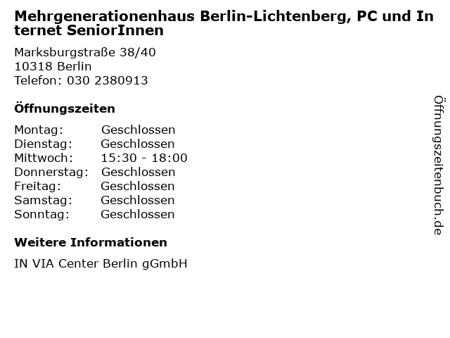 Mehrgenerationenhaus Berlin-Lichtenberg, PC und Internet SeniorInnen in Berlin: Adresse und Öffnungszeiten