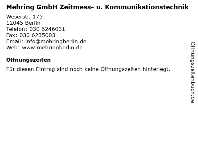 Mehring GmbH Zeitmess- u. Kommunikationstechnik in Berlin: Adresse und Öffnungszeiten