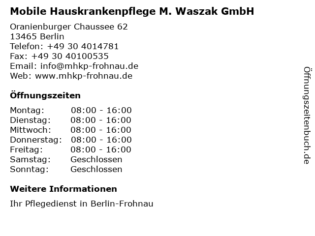 Mobile Hauskrankenpflege M. Waszak GmbH in Berlin: Adresse und Öffnungszeiten
