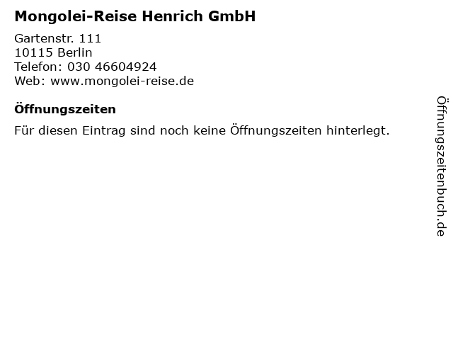 Mongolei-Reise Henrich GmbH in Berlin: Adresse und Öffnungszeiten