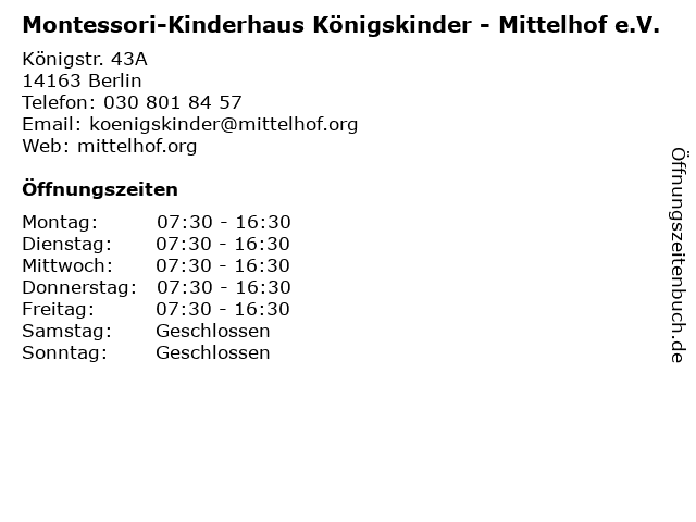 Montessori-Kinderhaus Königskinder - Mittelhof e.V. in Berlin: Adresse und Öffnungszeiten