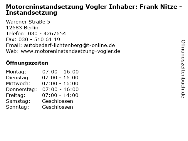Motoreninstandsetzung Vogler Inhaber: Frank Nitze - Instandsetzung in Berlin: Adresse und Öffnungszeiten