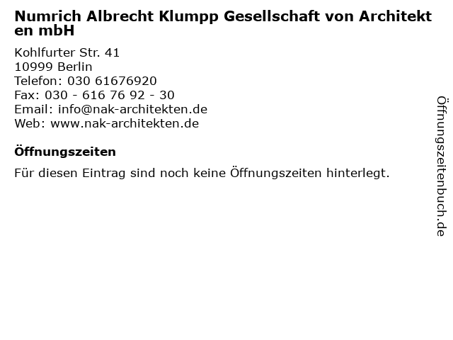 Numrich Albrecht Klumpp Gesellschaft von Architekten mbH in Berlin: Adresse und Öffnungszeiten