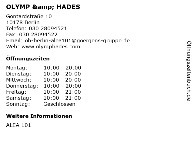 OLYMP & HADES in Berlin: Adresse und Öffnungszeiten