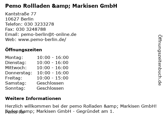 Pemo Rollladen & Markisen GmbH in Berlin: Adresse und Öffnungszeiten