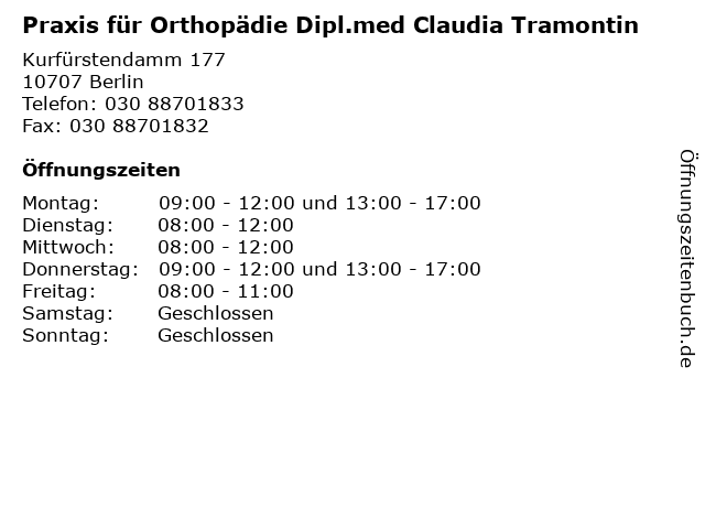 Praxis für Orthopädie Dipl.med Claudia Tramontin in Berlin: Adresse und Öffnungszeiten