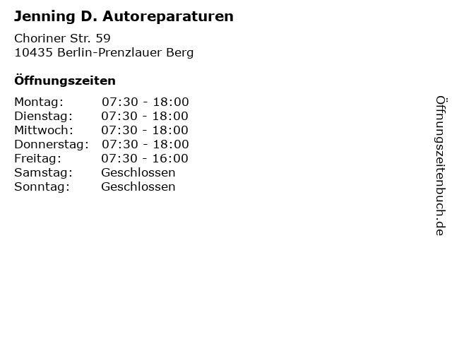 Jenning D. Autoreparaturen in Berlin-Prenzlauer Berg: Adresse und Öffnungszeiten