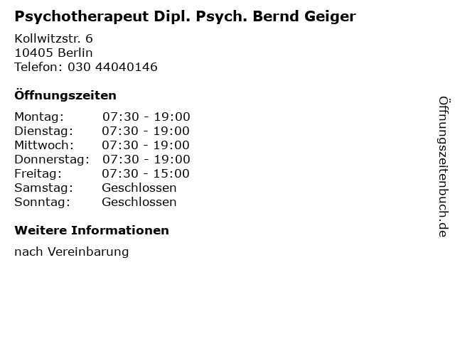 Psychotherapeut Dipl. Psych. Bernd Geiger in Berlin: Adresse und Öffnungszeiten
