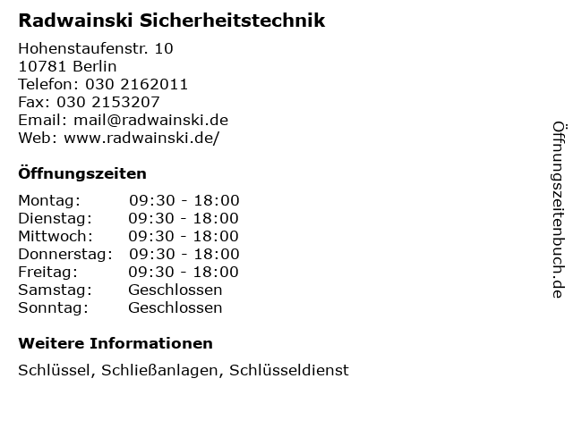 Radwainski Sicherheitstechnik in Berlin: Adresse und Öffnungszeiten