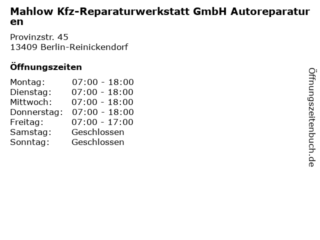 Mahlow Kfz-Reparaturwerkstatt GmbH Autoreparaturen in Berlin-Reinickendorf: Adresse und Öffnungszeiten