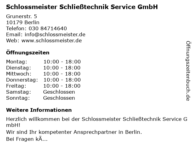 Schlossmeister Schließtechnik Service GmbH in Berlin: Adresse und Öffnungszeiten