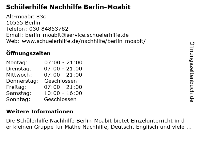 Schülerhilfe Nachhilfe Berlin-Moabit in Berlin: Adresse und Öffnungszeiten