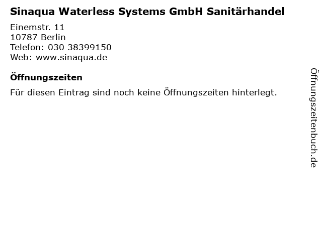 Sinaqua Waterless Systems GmbH Sanitärhandel in Berlin: Adresse und Öffnungszeiten