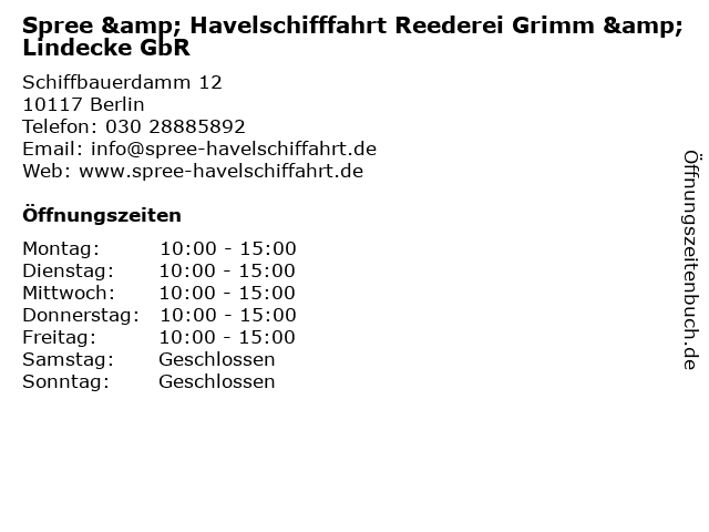 Spree & Havelschifffahrt Reederei Grimm & Lindecke GbR in Berlin: Adresse und Öffnungszeiten