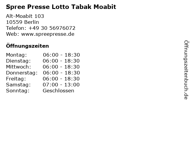 Spree Presse Lotto Tabak Moabit in Berlin: Adresse und Öffnungszeiten