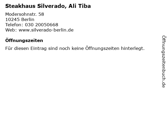 Steakhaus Silverado, Ali Tiba in Berlin: Adresse und Öffnungszeiten