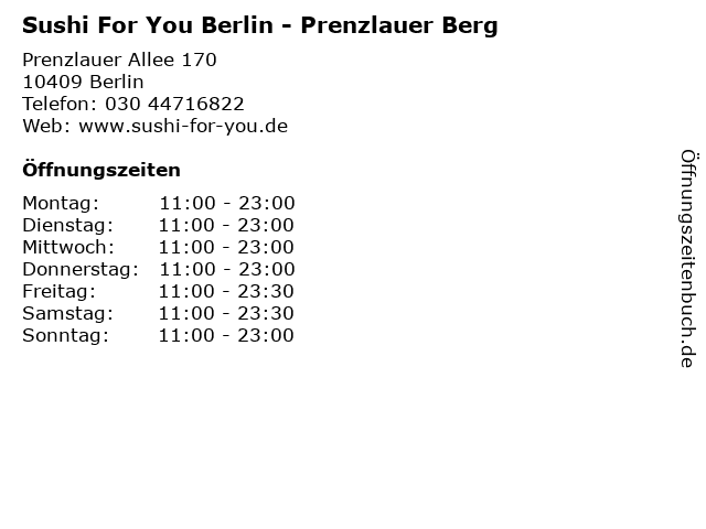 Sushi For You Berlin - Prenzlauer Berg in Berlin: Adresse und Öffnungszeiten