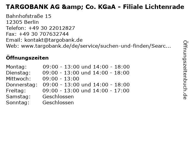 TARGOBANK AG & Co. KGaA - Filiale Lichtenrade in Berlin: Adresse und Öffnungszeiten